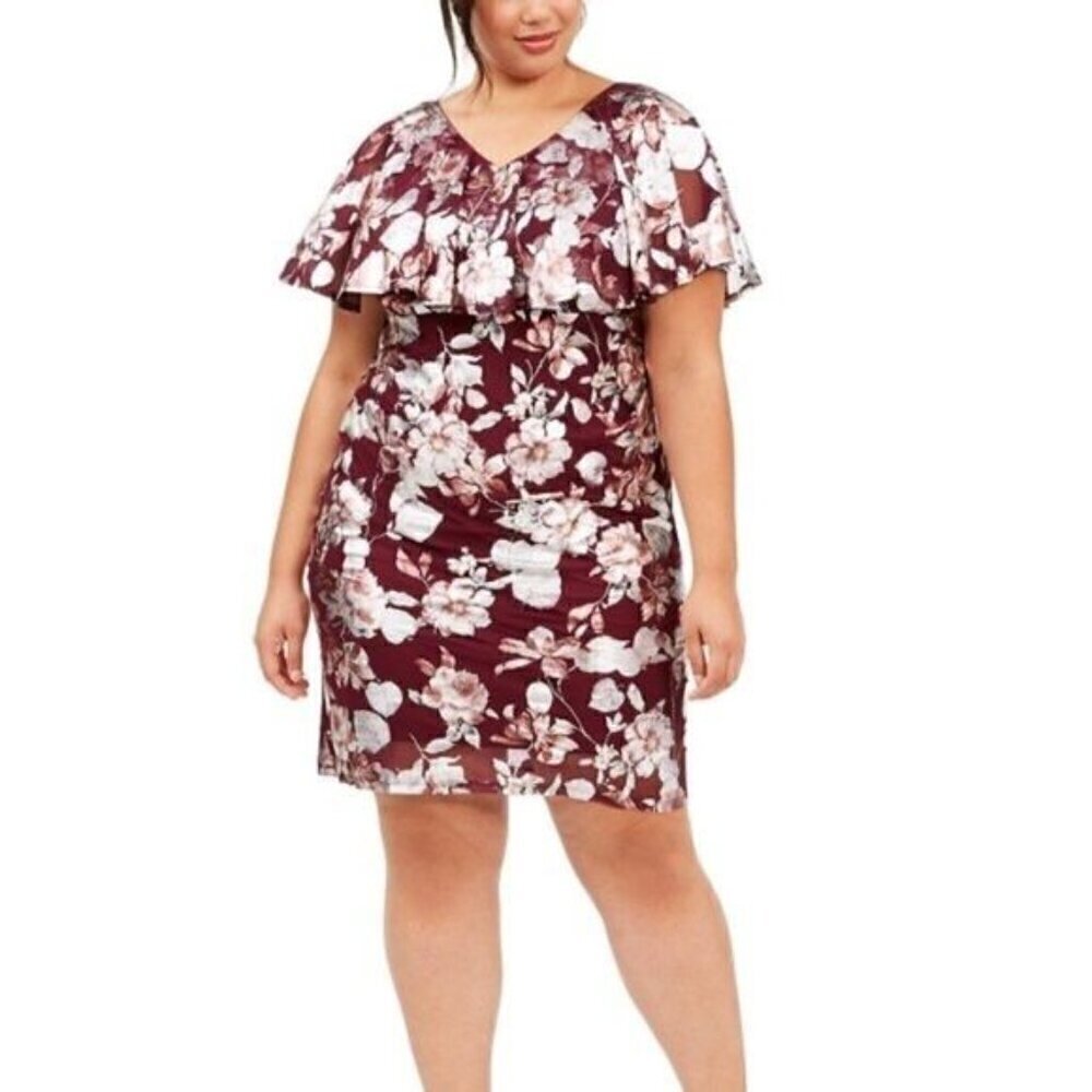 NWT Connected Apparel Floral Metallic Shimmer Flutter Ruffle Sheath Dress Sz 18W